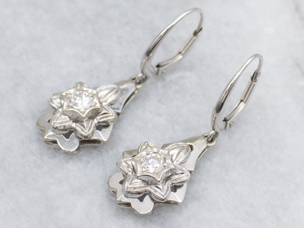 Vintage White Gold and Diamond Floral Drop Earrings