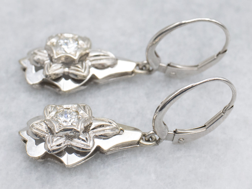 Vintage White Gold and Diamond Floral Drop Earrings