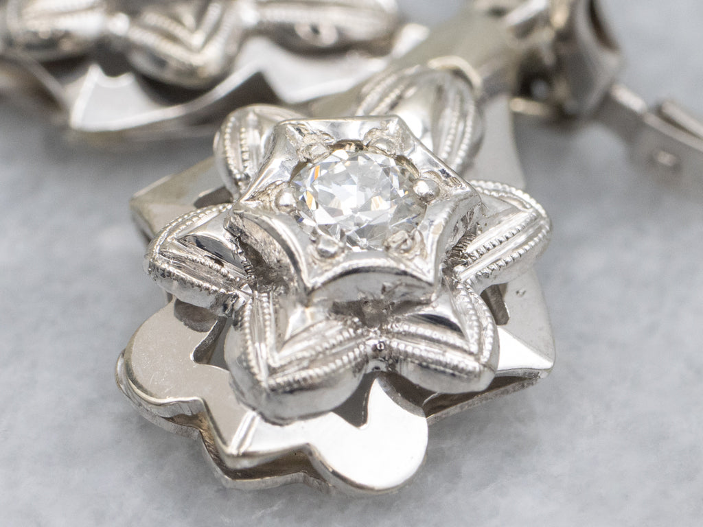Vintage White Gold and Diamond Floral Drop Earrings
