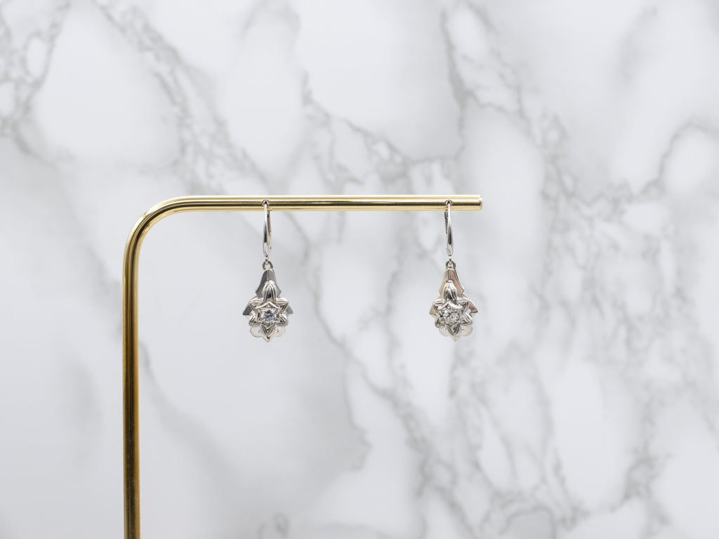 Vintage White Gold and Diamond Floral Drop Earrings