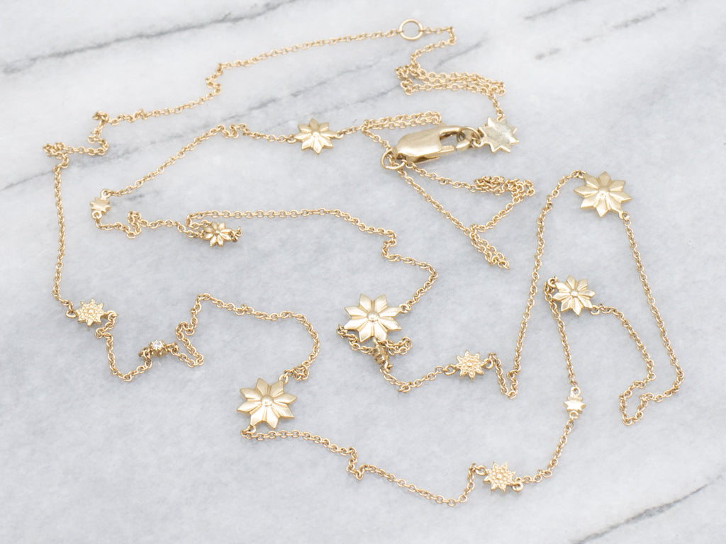 Sparkling Diamond and Flower Station Chain Necklace