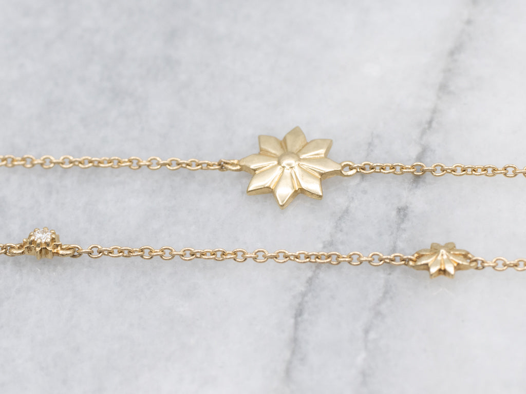 Sparkling Diamond and Flower Station Chain Necklace