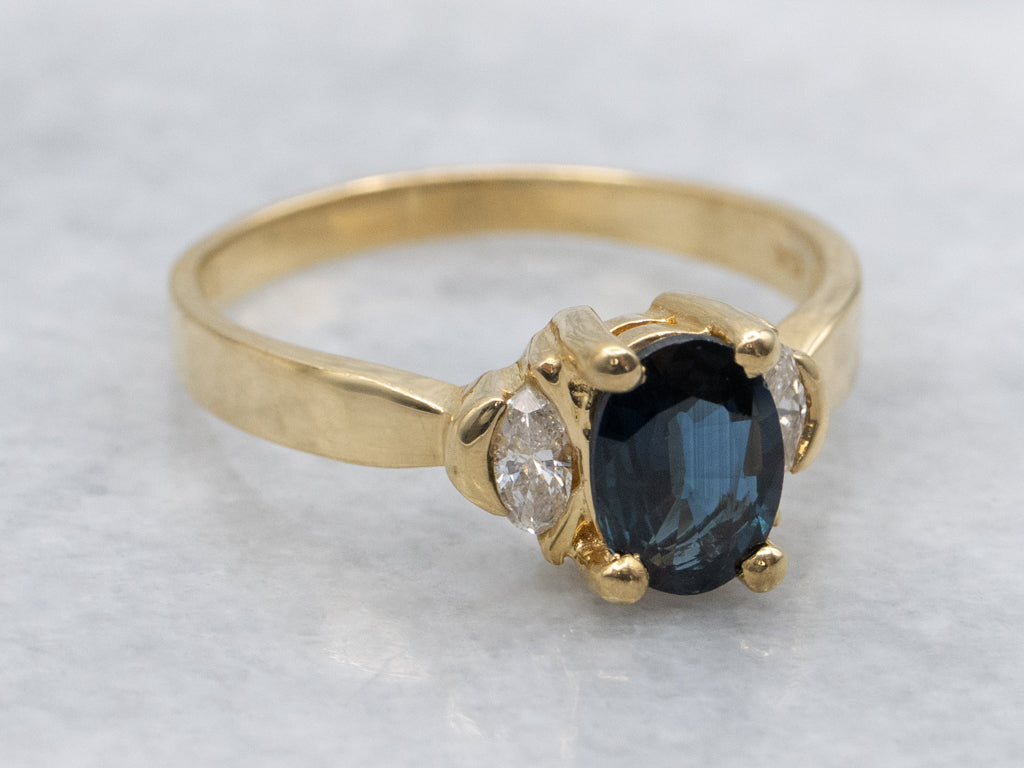 Sapphire and Marquise-Cut Diamond Three Stone Ring