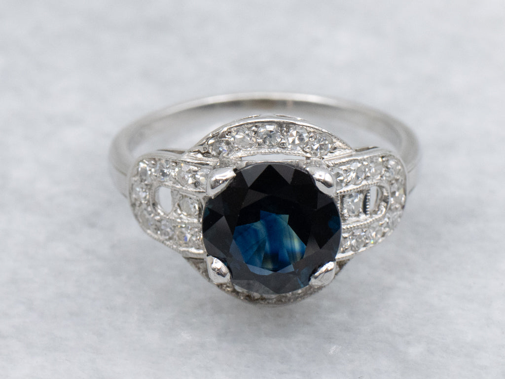 Vintage Deep Blue Sapphire and Diamond Platinum Ring