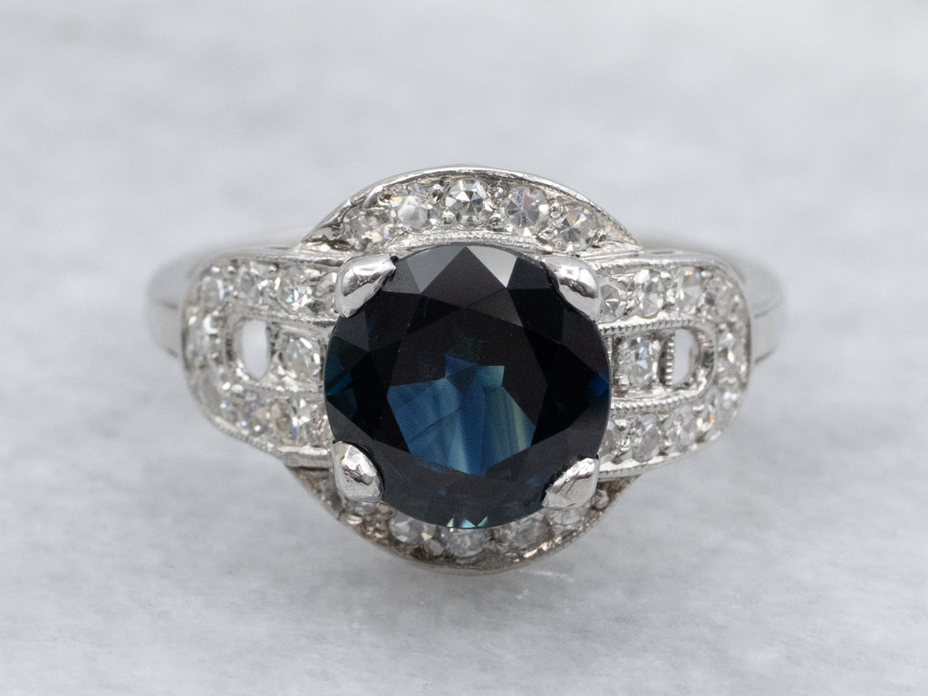 Vintage Deep Blue Sapphire and Diamond Platinum Ring