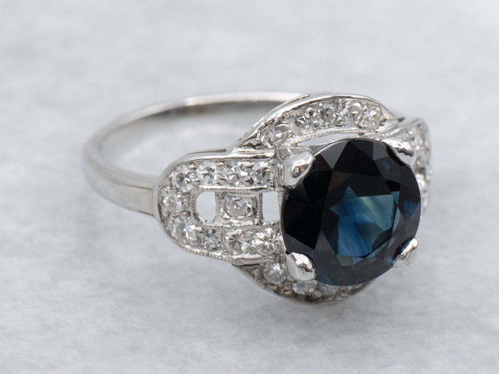 Vintage Deep Blue Sapphire and Diamond Platinum Ring