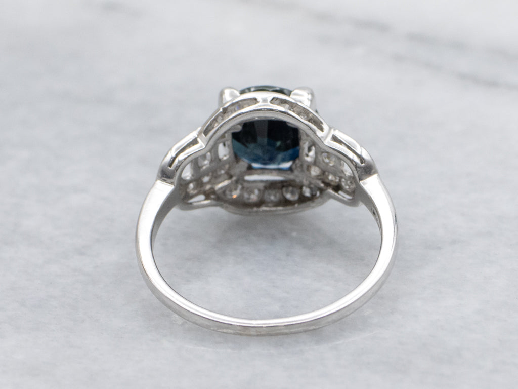 Vintage Deep Blue Sapphire and Diamond Platinum Ring