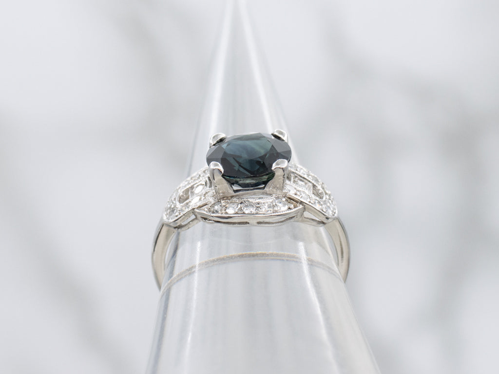 Vintage Deep Blue Sapphire and Diamond Platinum Ring