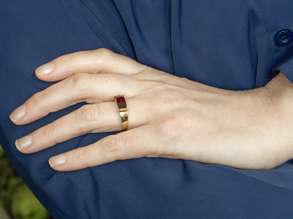 Sleek East-To-West Modern Garnet and Gold Ring