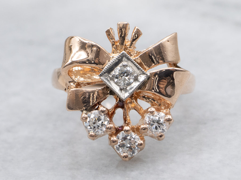 Retro Era European and Old Mine Cut Diamond Ribbon Ring