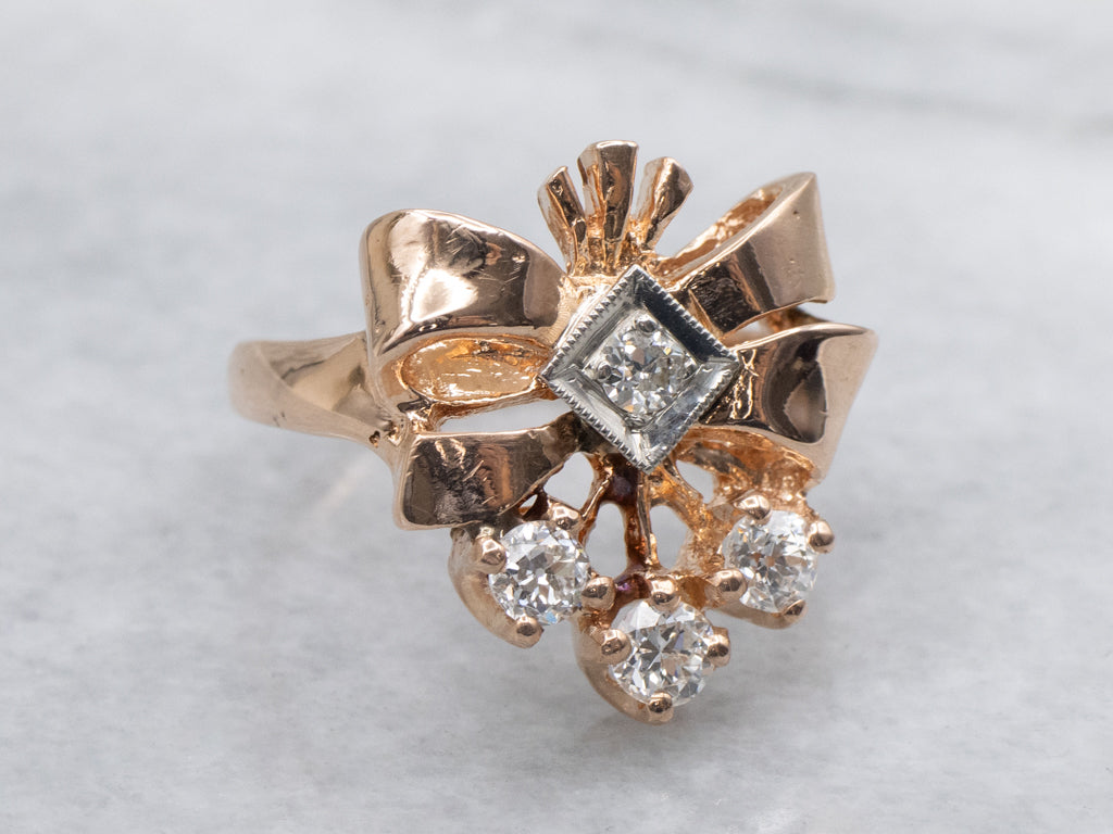 Retro Era European and Old Mine Cut Diamond Ribbon Ring