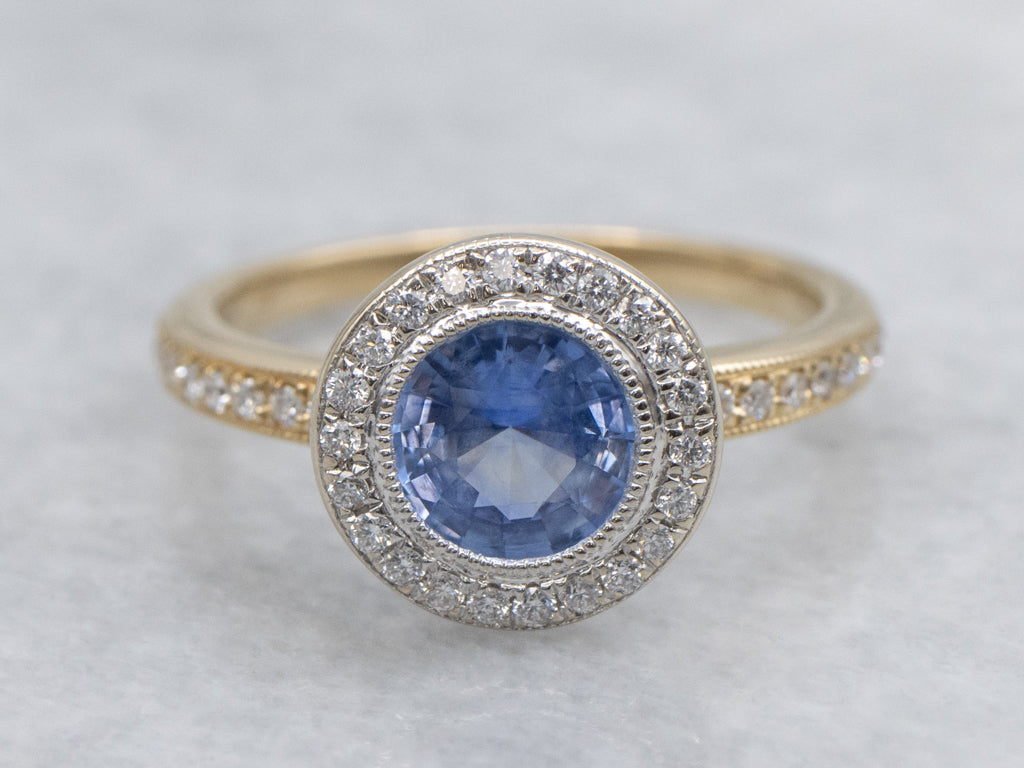 Modern Sapphire and Diamond Halo Two-Tone Gold Ring