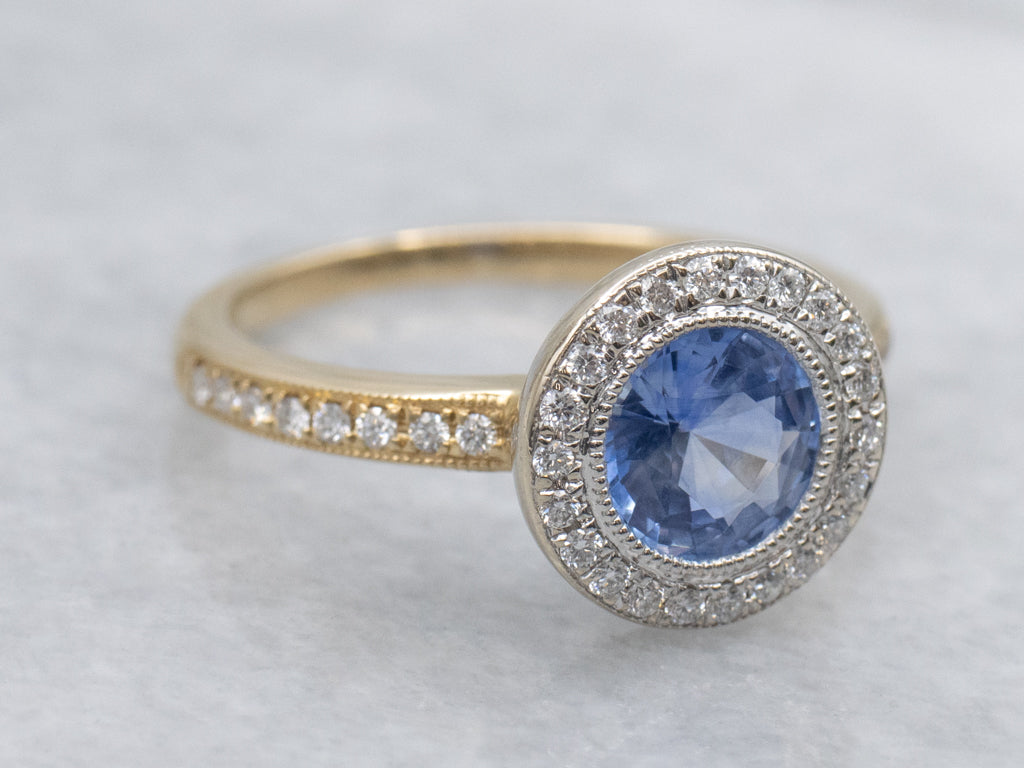 Modern Sapphire and Diamond Halo Two-Tone Gold Ring
