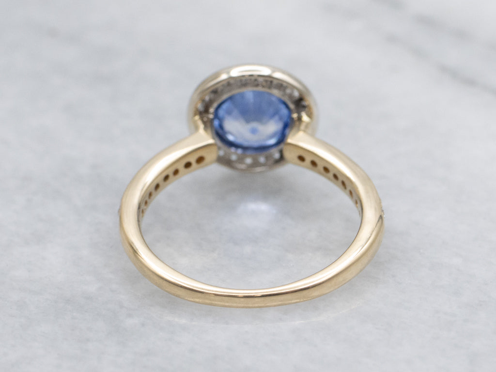 Modern Sapphire and Diamond Halo Two-Tone Gold Ring
