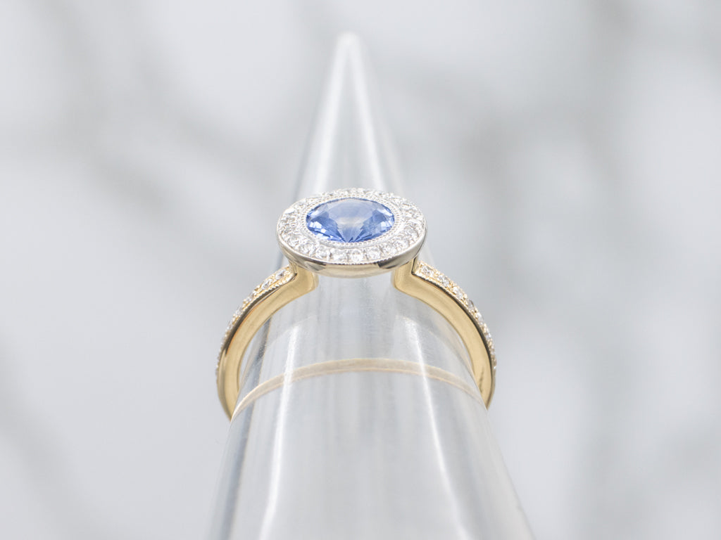 Modern Sapphire and Diamond Halo Two-Tone Gold Ring