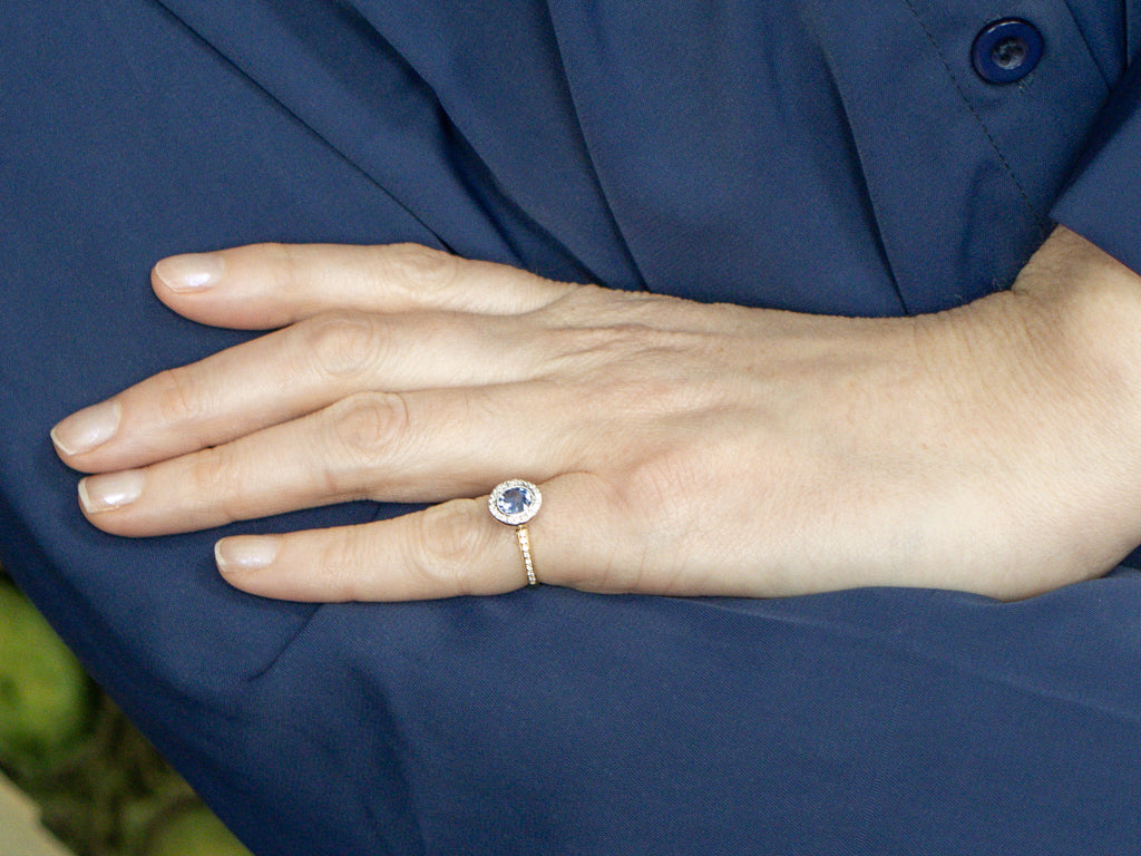 Modern Sapphire and Diamond Halo Two-Tone Gold Ring