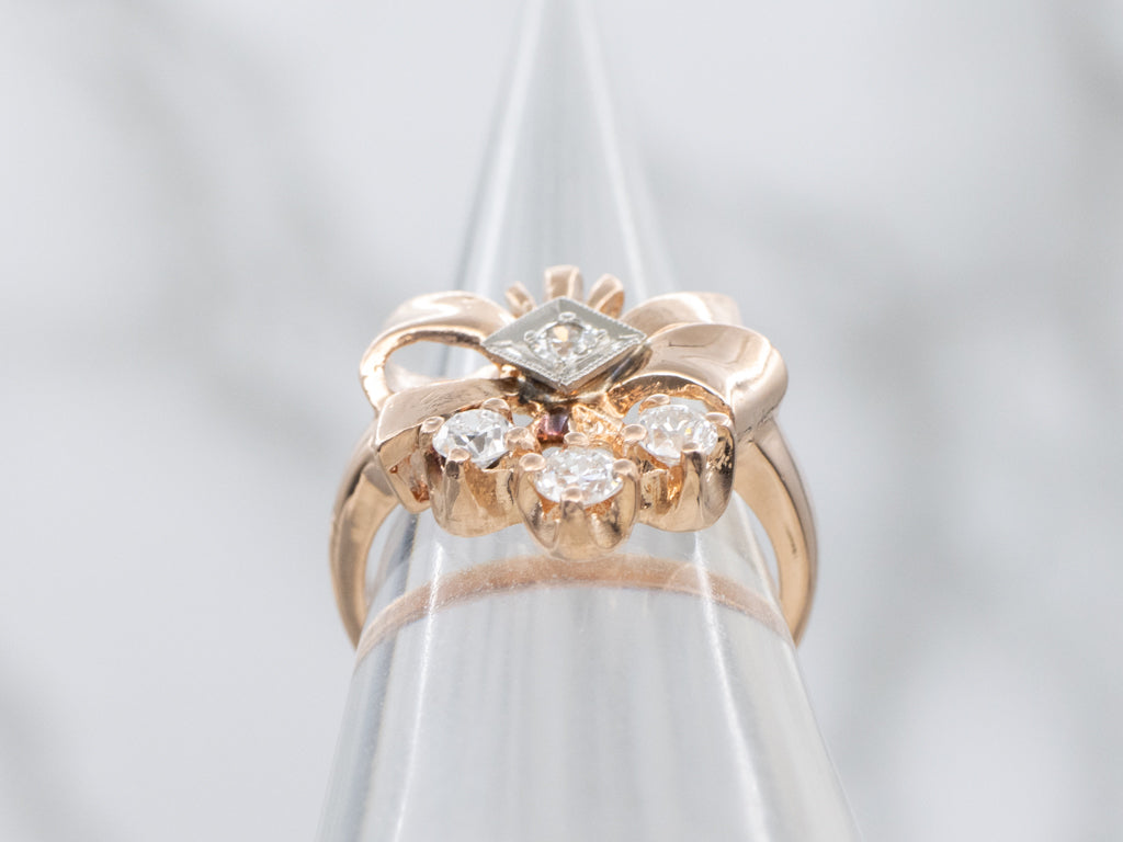 Retro Era European and Old Mine Cut Diamond Ribbon Ring