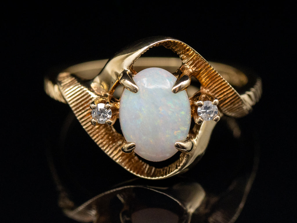 Vintage Opal and Diamond Grooved Twisting Gold Bypass Ring
