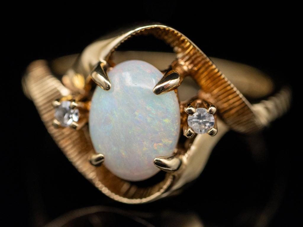 Vintage Opal and Diamond Grooved Twisting Gold Bypass Ring