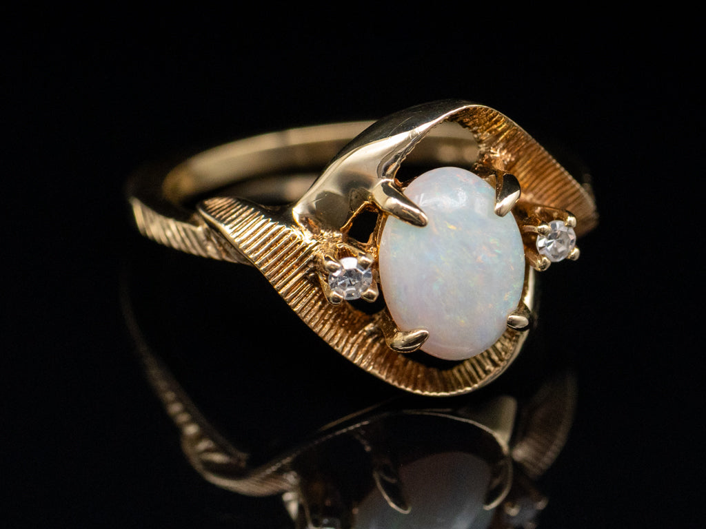 Vintage Opal and Diamond Grooved Twisting Gold Bypass Ring