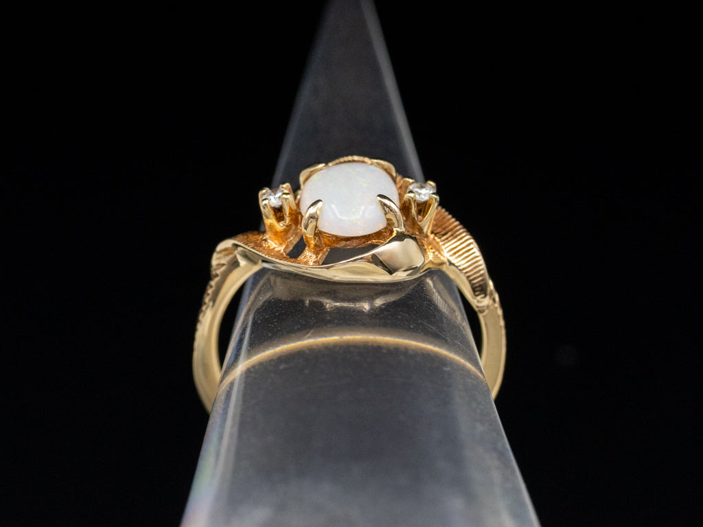 Vintage Opal and Diamond Grooved Twisting Gold Bypass Ring