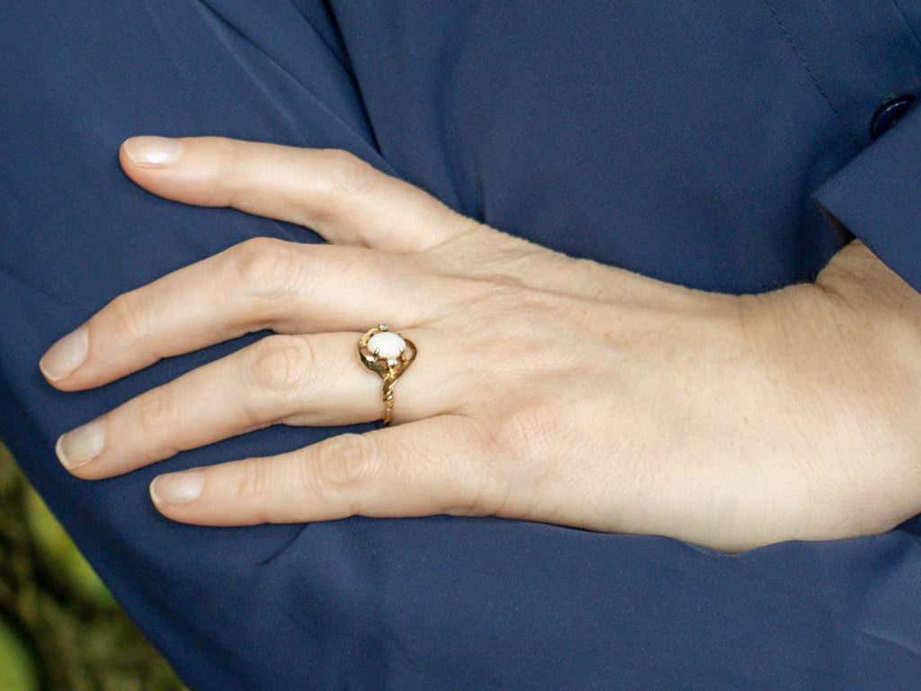 Vintage Opal and Diamond Grooved Twisting Gold Bypass Ring