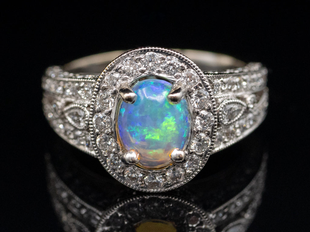 Modern Opal and Diamond Halo White Gold Ring