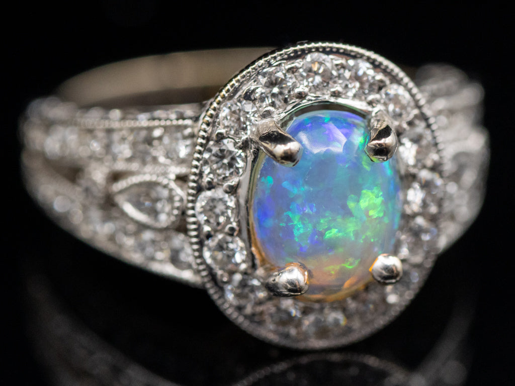Modern Opal and Diamond Halo White Gold Ring