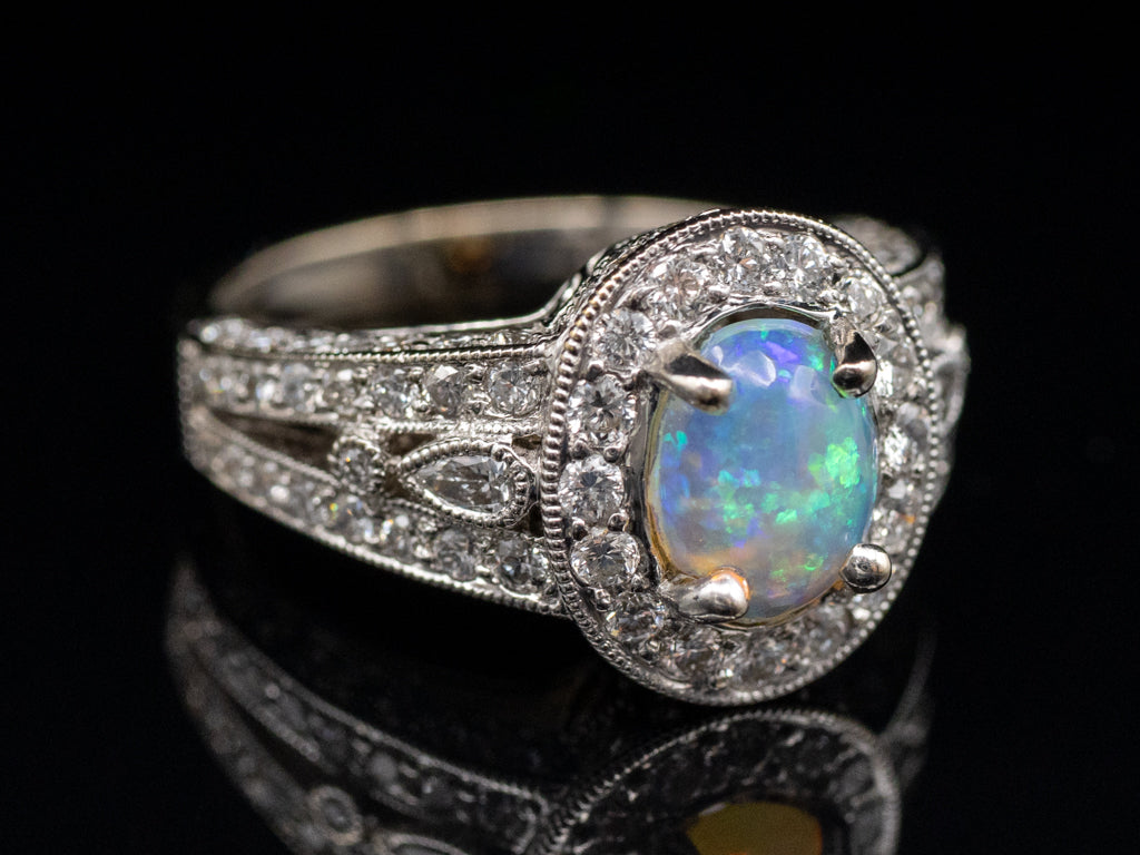 Modern Opal and Diamond Halo White Gold Ring