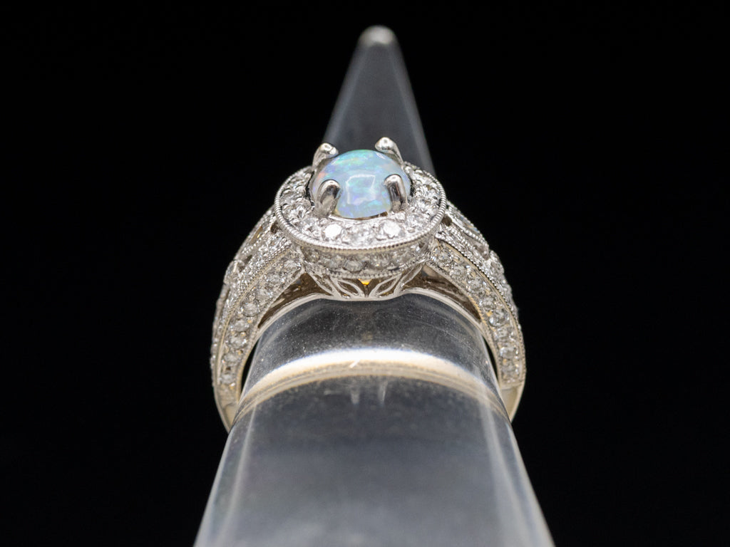 Modern Opal and Diamond Halo White Gold Ring