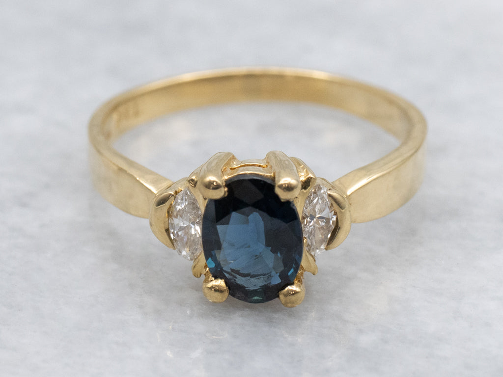 Sapphire and Marquise-Cut Diamond Three Stone Ring