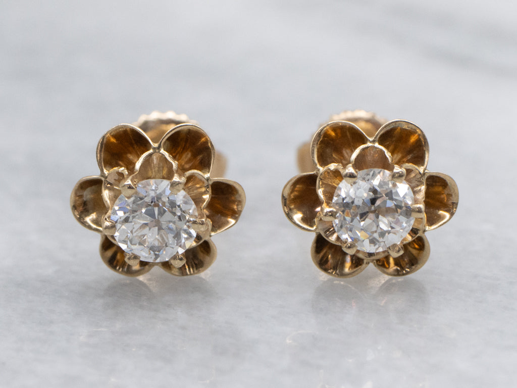 Old Mine Cut Diamond Buttercup Set Vintage Gold Stud Earrings