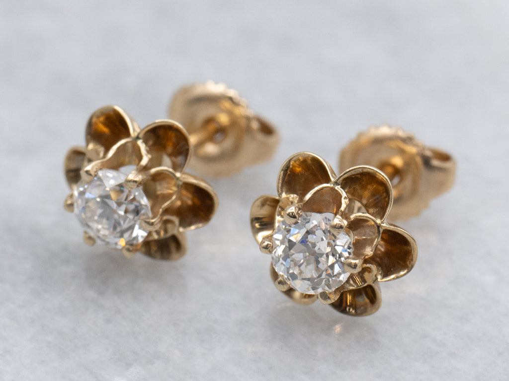Old Mine Cut Diamond Buttercup Set Vintage Gold Stud Earrings