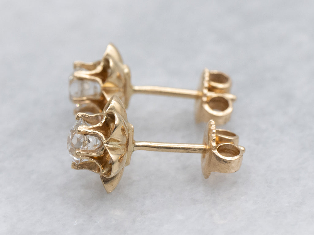 Old Mine Cut Diamond Buttercup Set Vintage Gold Stud Earrings