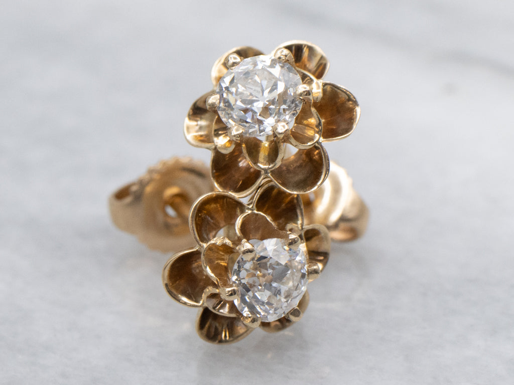 Old Mine Cut Diamond Buttercup Set Vintage Gold Stud Earrings
