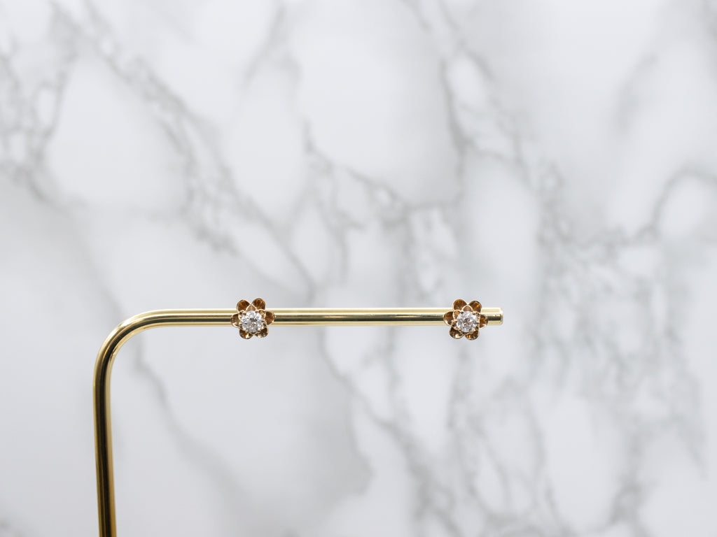 Old Mine Cut Diamond Buttercup Set Vintage Gold Stud Earrings