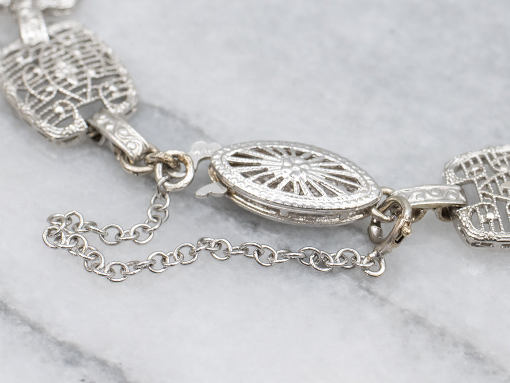 Art Deco Era Floral Filigree Link Bracelet with Diamonds