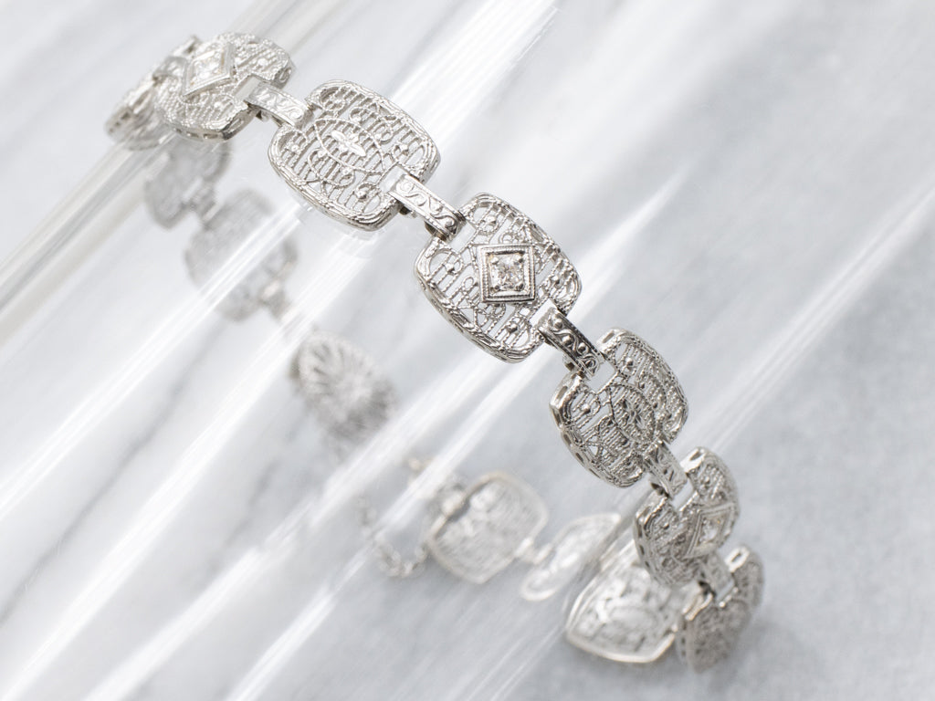 Art Deco Era Floral Filigree Link Bracelet with Diamonds