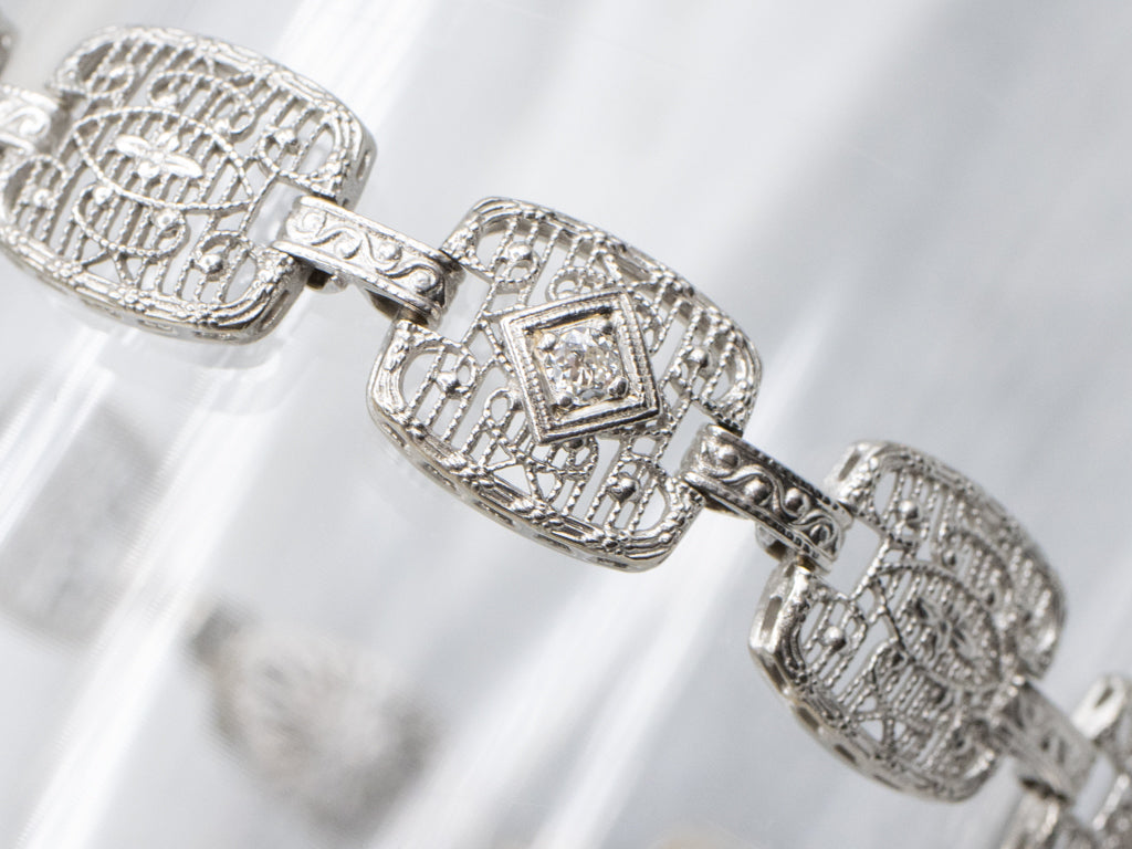 Art Deco Era Floral Filigree Link Bracelet with Diamonds