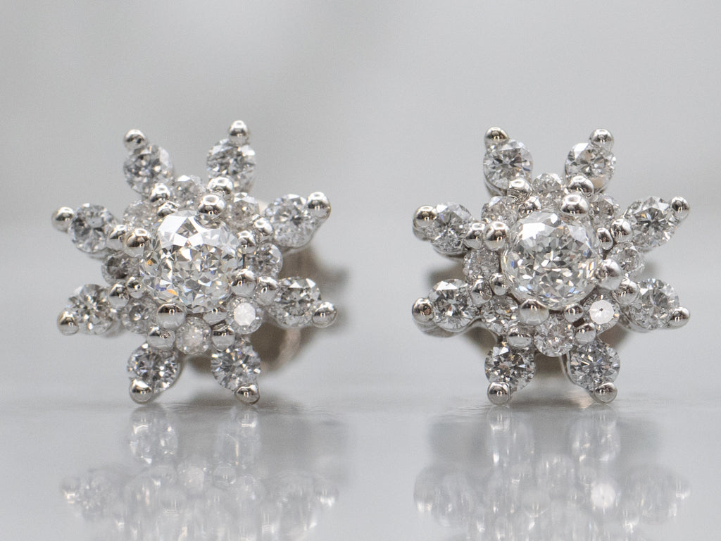 Vintage White Gold Floral Diamond Cluster Stud Earrings