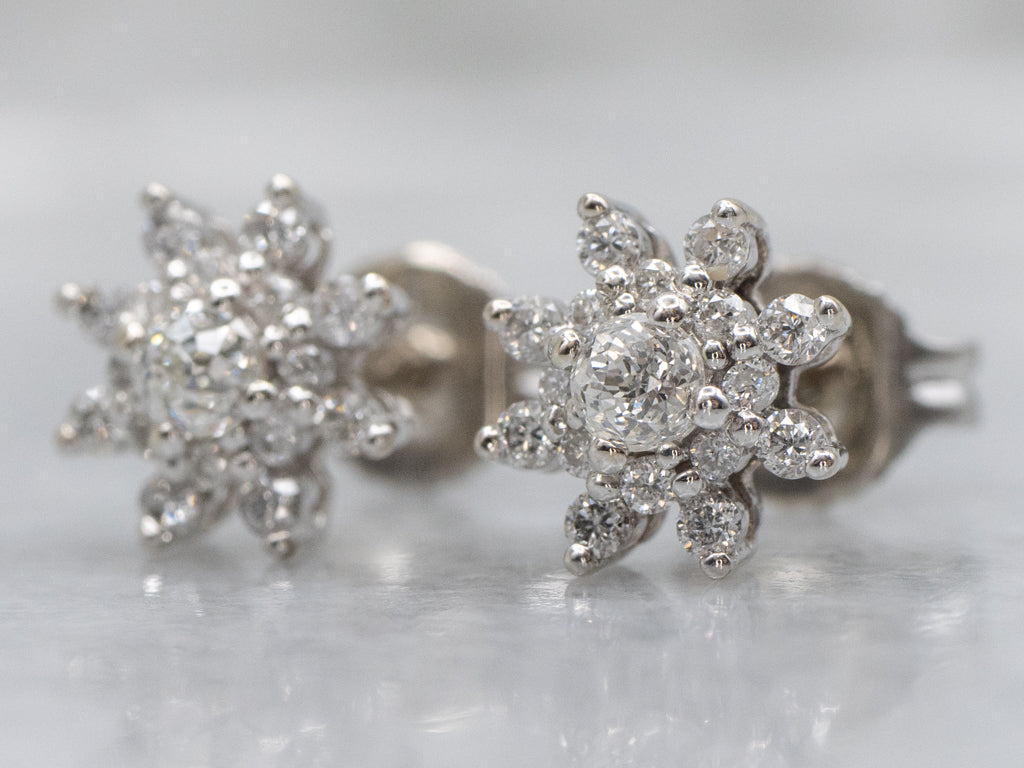 Vintage White Gold Floral Diamond Cluster Stud Earrings