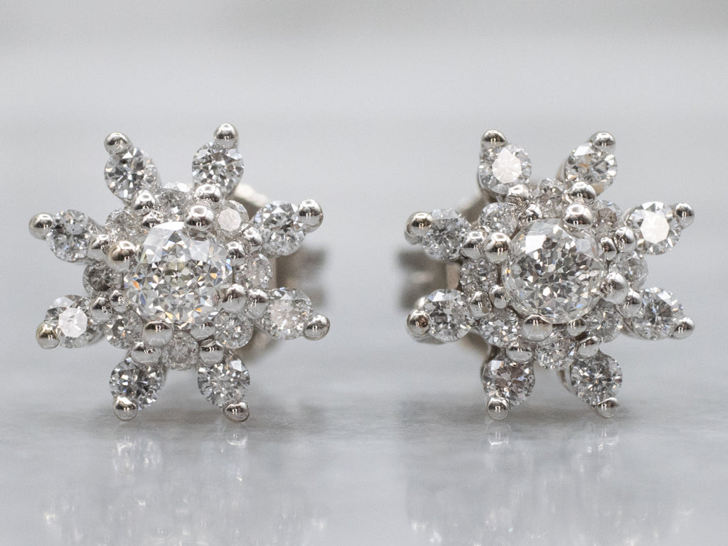 Vintage White Gold Floral Diamond Cluster Stud Earrings