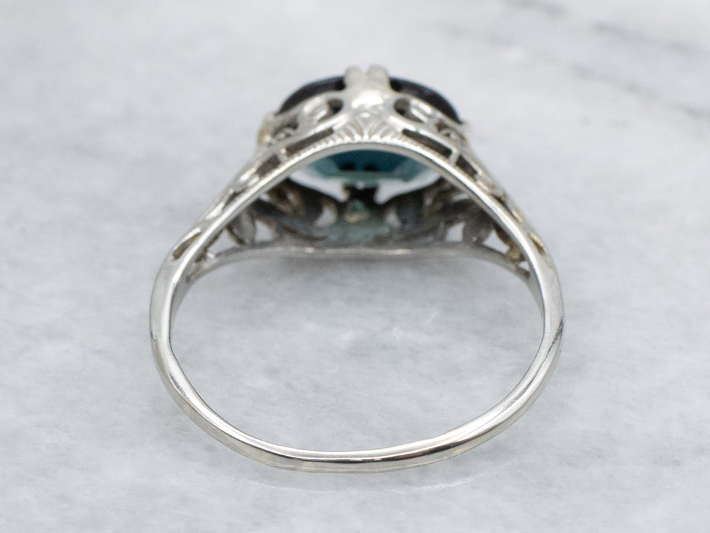 Antique East-to-West Set Indicolite Tourmaline Gold Filigree Solitaire Ring