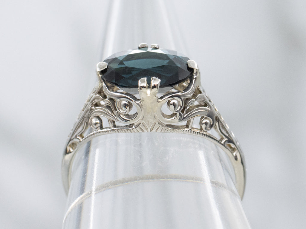 Antique East-to-West Set Indicolite Tourmaline Gold Filigree Solitaire Ring
