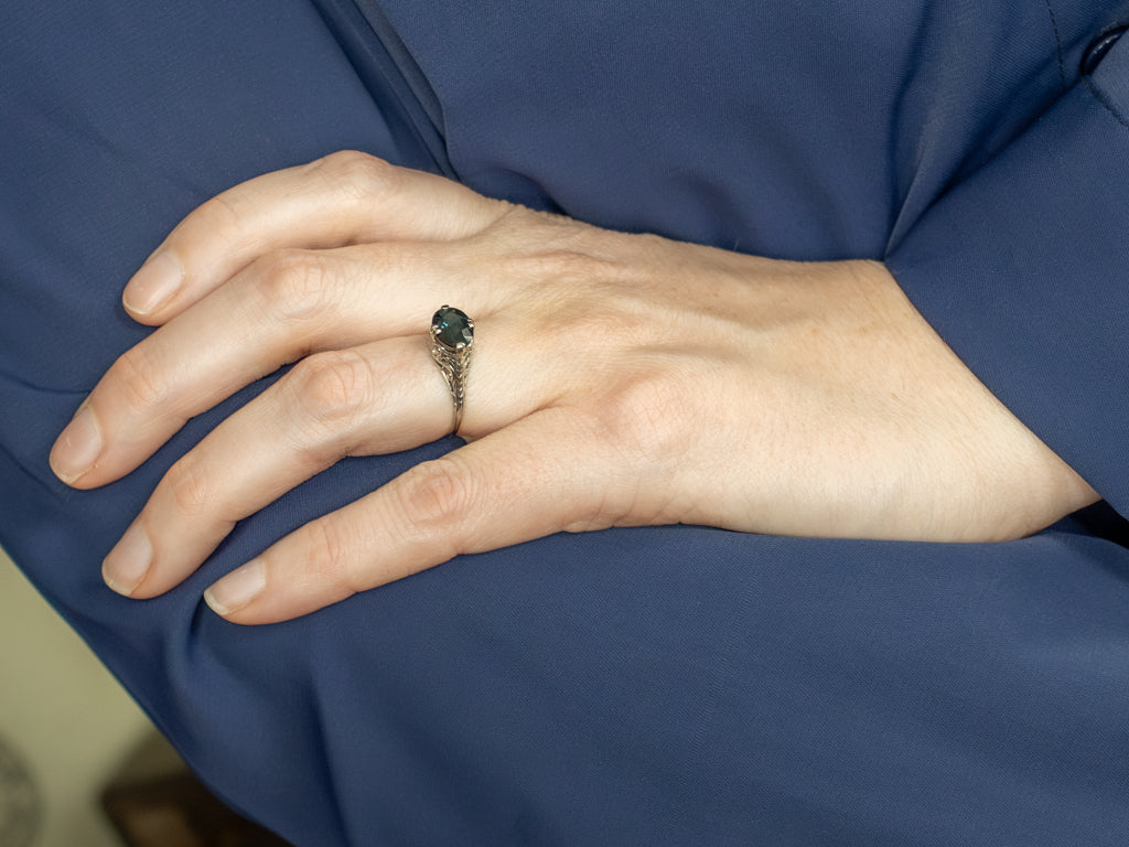 Antique East-to-West Set Indicolite Tourmaline Gold Filigree Solitaire Ring