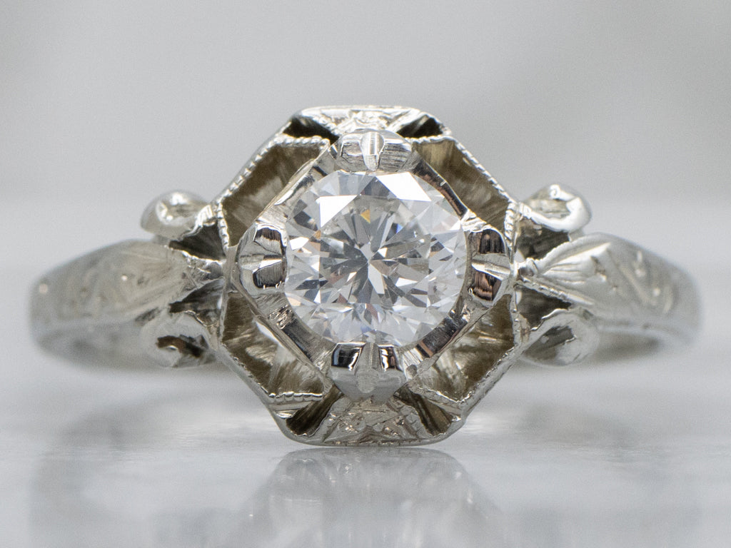 Vintage Brilliant Diamond Engagement Ring with Engraved Details