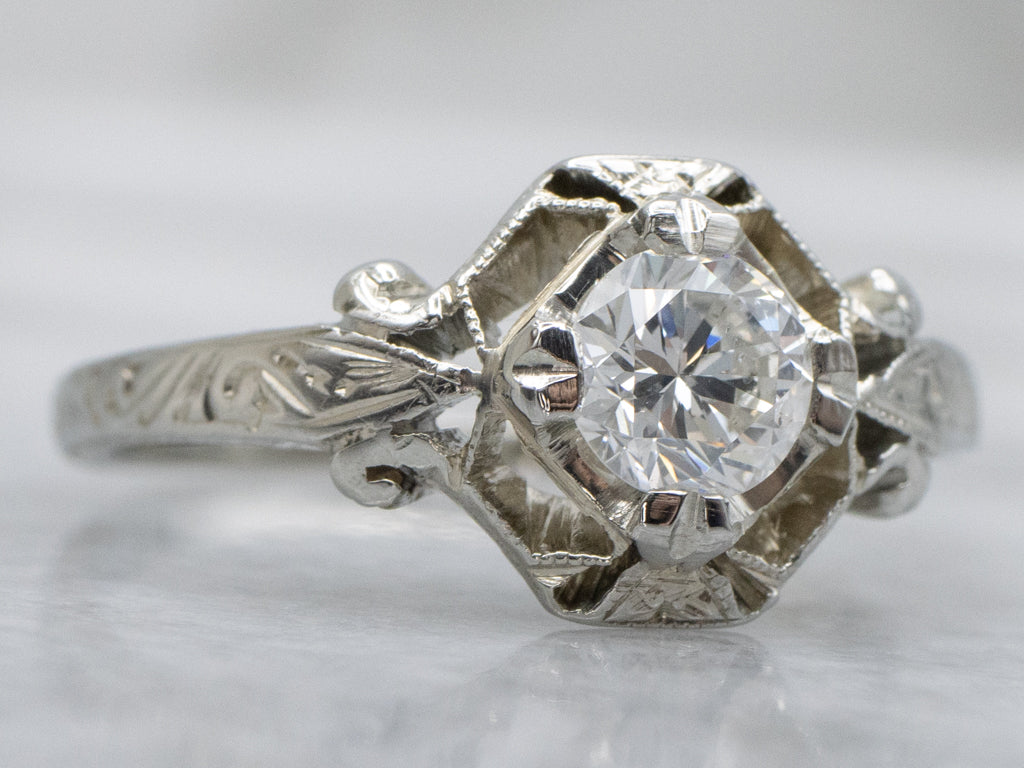 Vintage Brilliant Diamond Engagement Ring with Engraved Details
