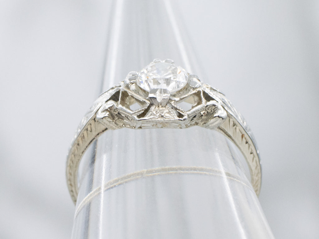 Vintage Brilliant Diamond Engagement Ring with Engraved Details