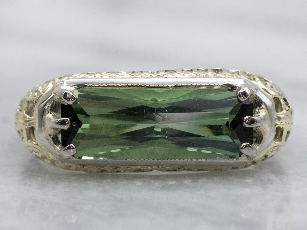 Antique East-to-West Set Green Tourmaline Filigree Ring