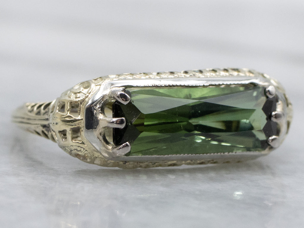 Antique East-to-West Set Green Tourmaline Filigree Ring